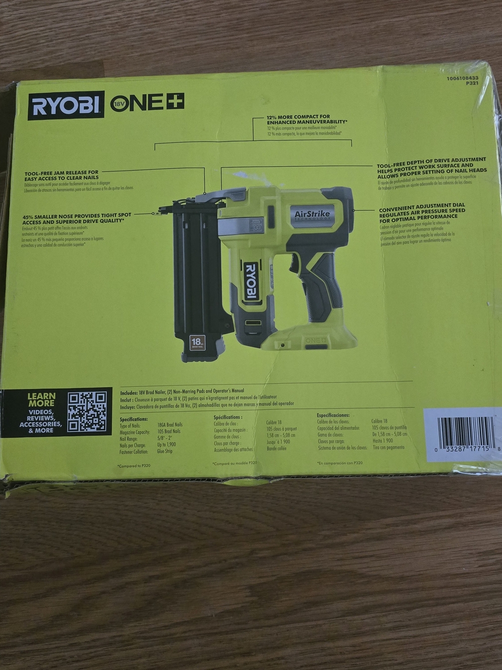 RYOBI ONE+ AirStrike Cordless Brad Nailer - Yellow/Black